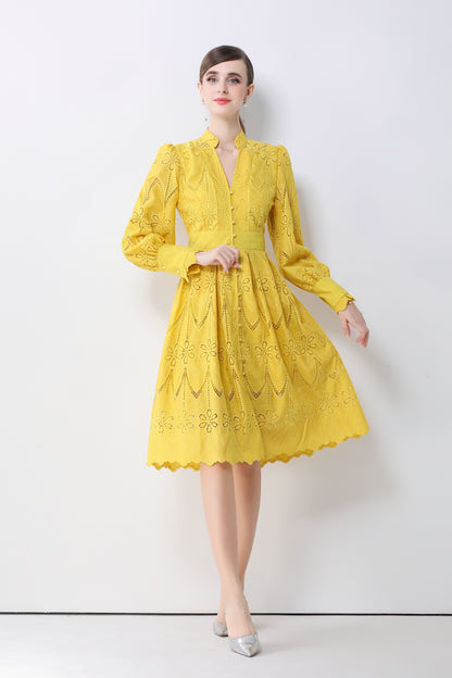 Women's V-Neck Long Sleeve Hollow Out Lace Midi Dress