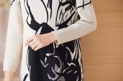 Women's Turtleneck Print Pullover Sweater Midi Dress