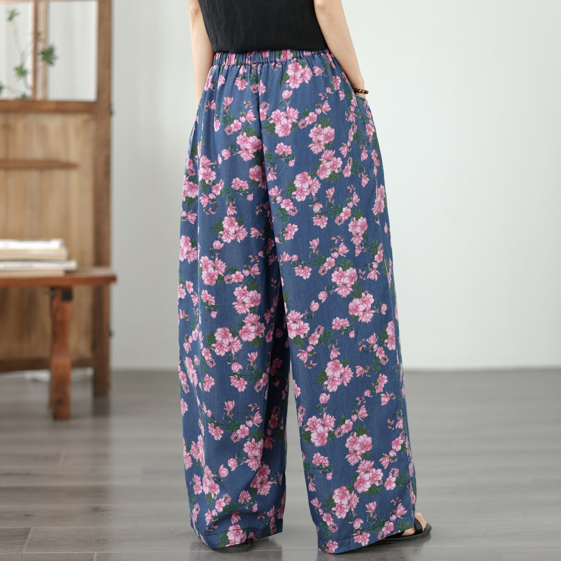 Women's Wide Leg Jeans Lightweight Wasited Elastic Print Y2K Pants - LAI MENG FIVE CATS