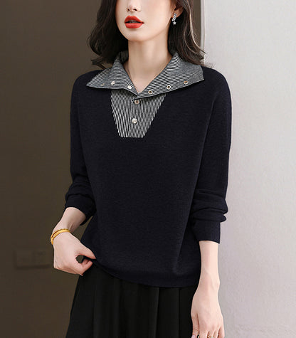 Women's Long Sleeve Sweater Striped Knit Pullover Tops - LAI MENG FIVE CATS