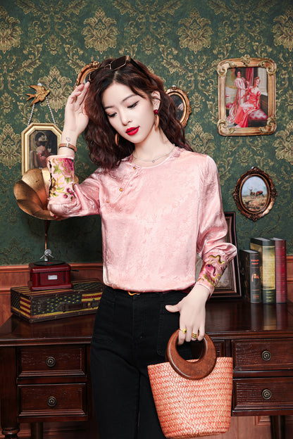 Women's Round Neck Jacquard Embroidery Blouses - LAI MENG FIVE CATS