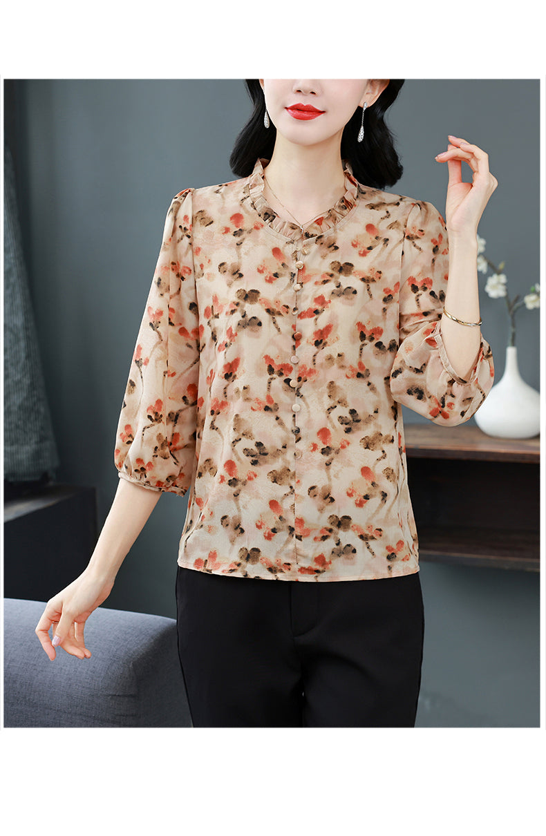 Women's Floral Print Ruffle Button Loose Blouses Top