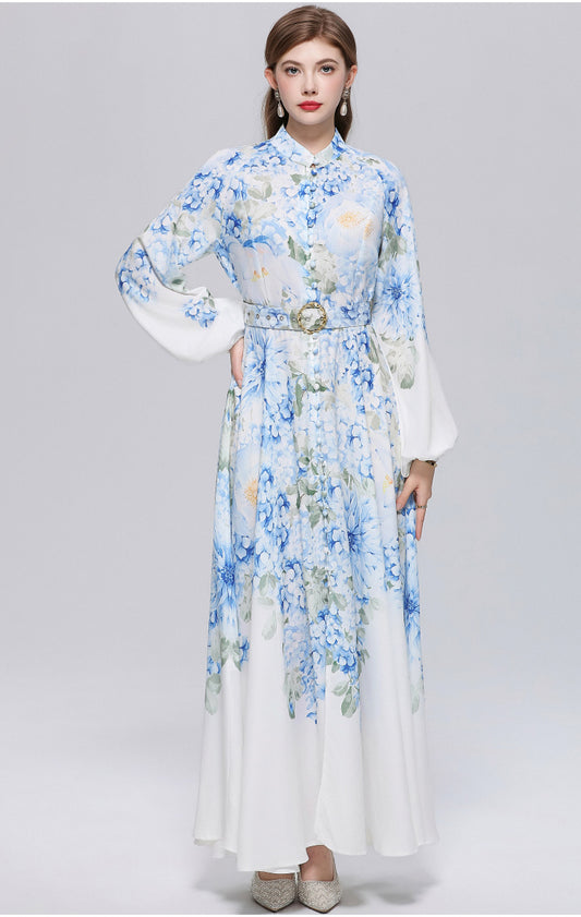 Women's Lantern Sleeve Floral Print Button Maxi Dress With Belts