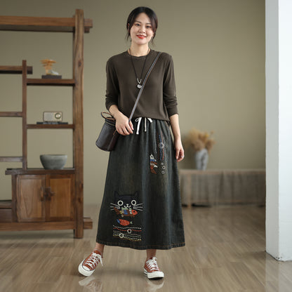 Women's Denim Drawstring Waist Pockets Jean Skirt