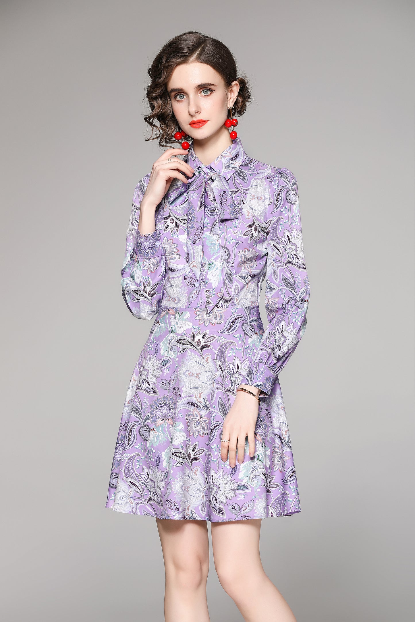 SSY-Women's Long Sleeve Lapel Collar Floral Mini Dress