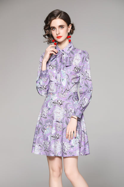 SSY-Women's Long Sleeve Lapel Collar Floral Mini Dress