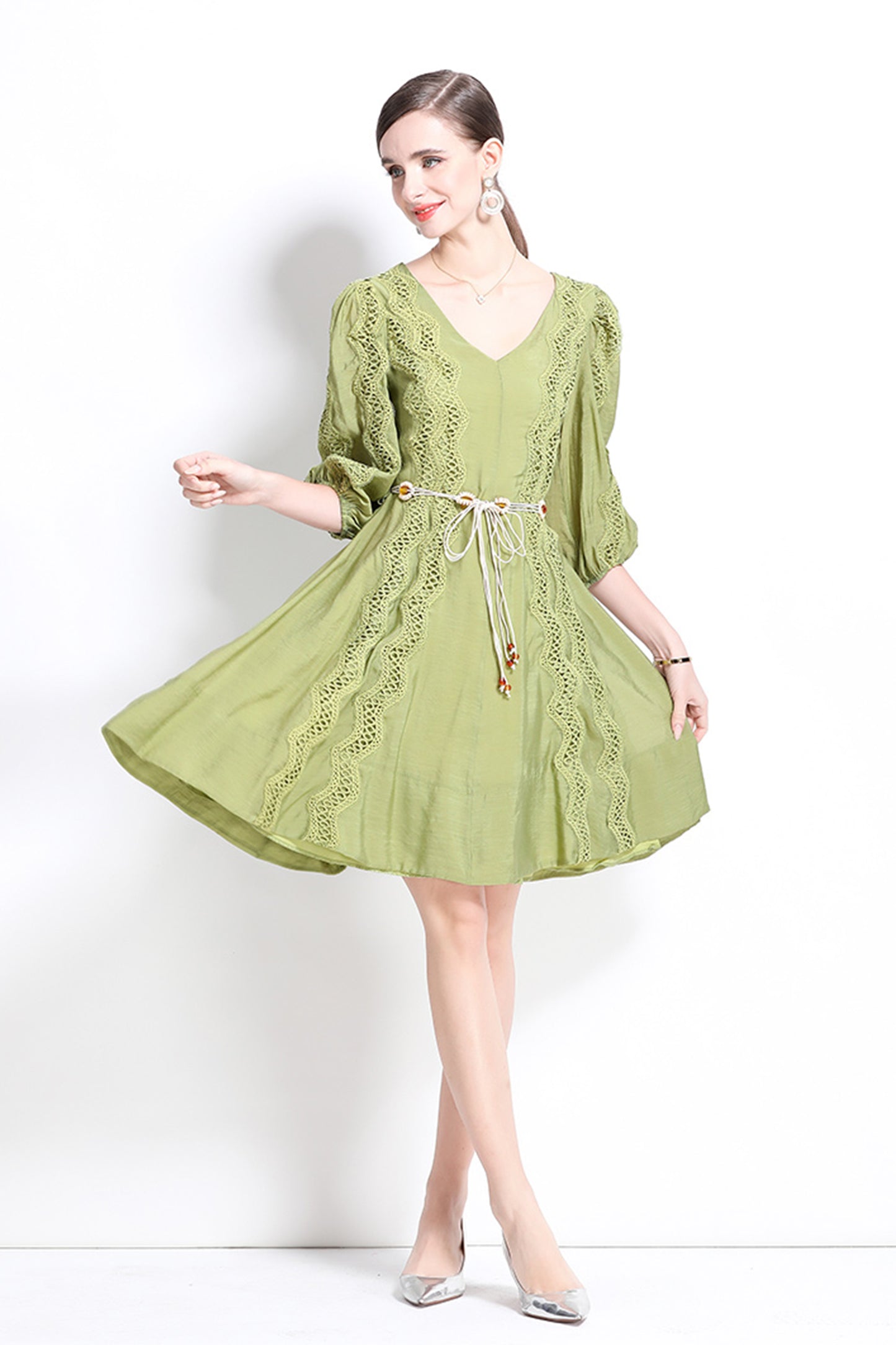 Women's Puff Sleeves V-Neck Hollow Embroidery Mini Dress