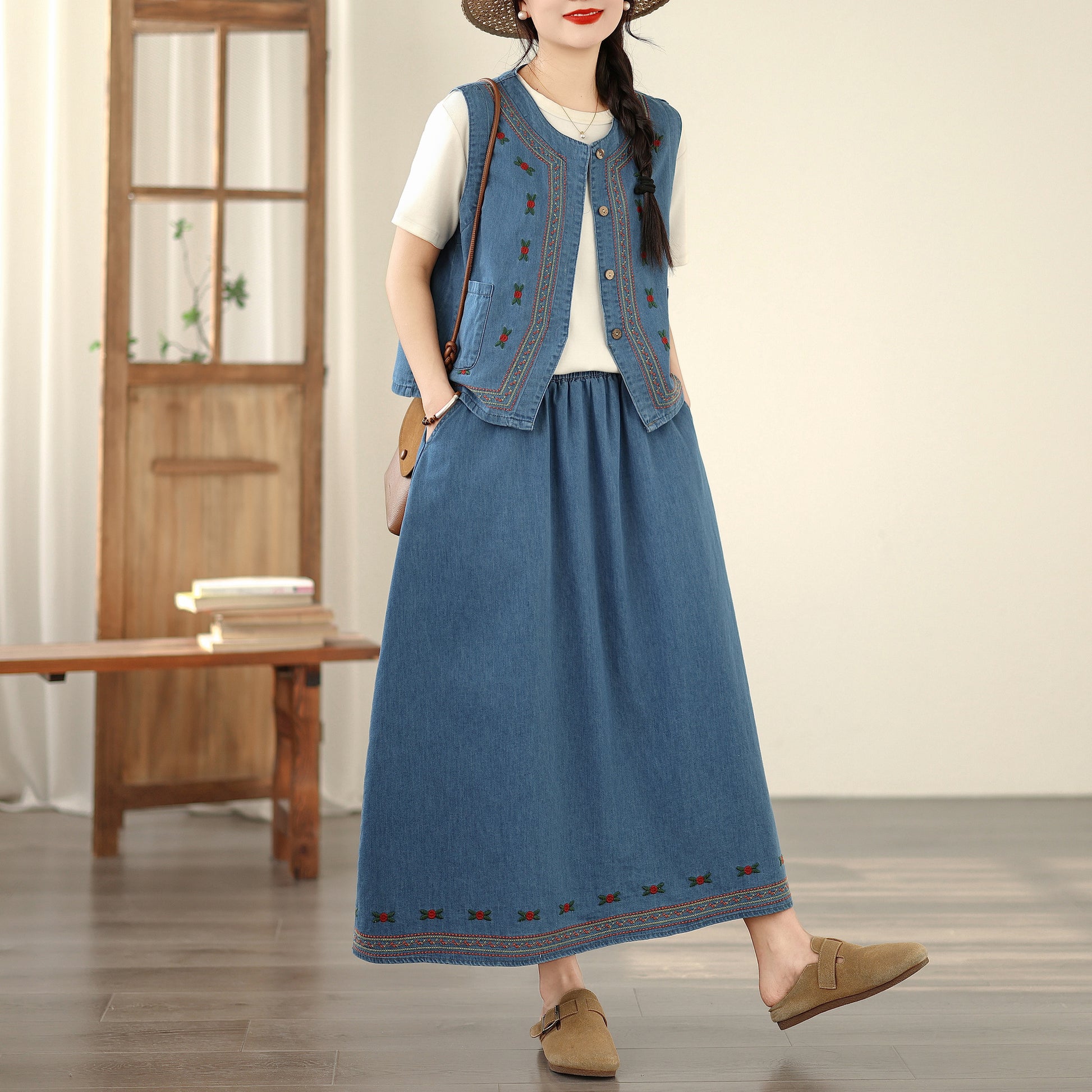 Women's Embroidered Elastic Waist Denim Jean Maxi Skirt Pocket - LAI MENG FIVE CATS
