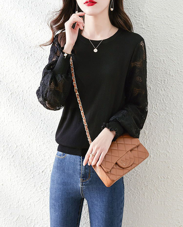 Women's Sweater Puff Sleeve Lace Knit Pullover Tops