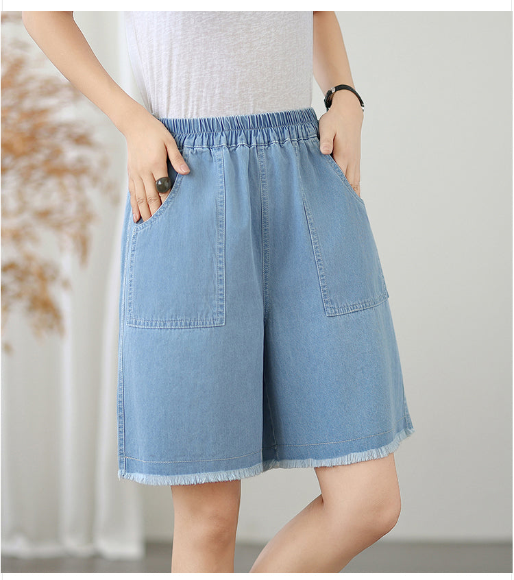 Women's High Waisted Baggy Jean Wide Leg Denim Shorts - LAI MENG FIVE CATS