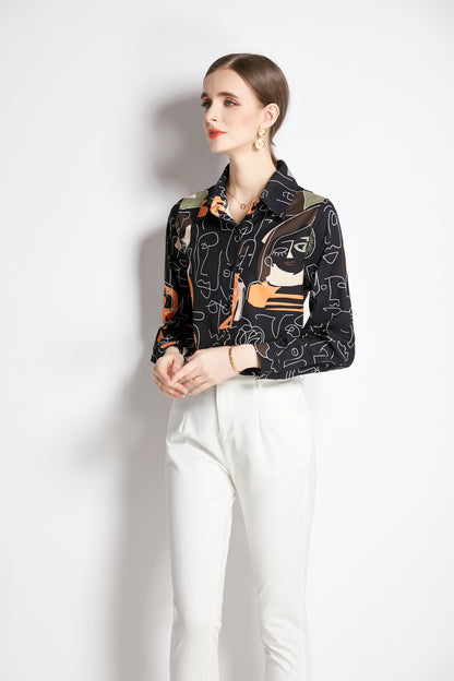 ESY-Women's Long Sleeve Lapel Collar Print Button Blouse