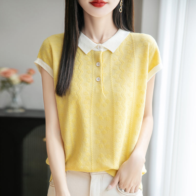 Women's Polo Shirt Knit Tops Color Block Blouse