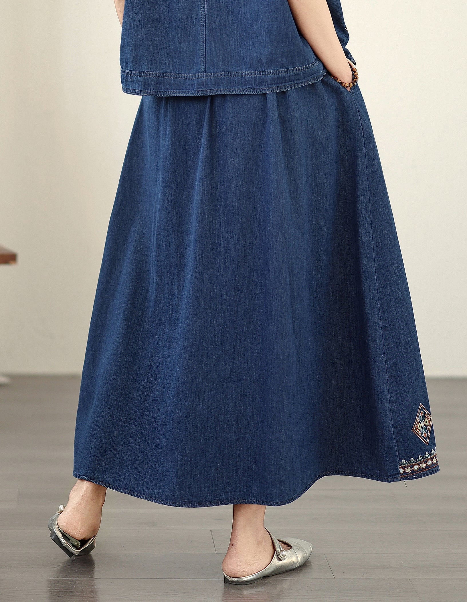 Women's Embroidered Elastic Waist Denim Jean Maxi Skirt Pocket - LAI MENG FIVE CATS