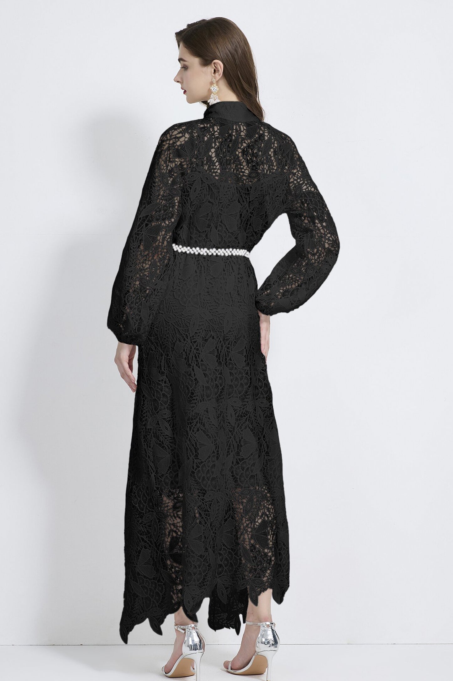 Women's  Lace Floral Hollow Button Elegant Maxi Dress