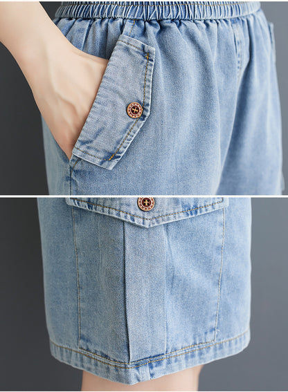 Women's High Waisted Baggy Jean Wide Leg Denim Shorts - LAI MENG FIVE CATS