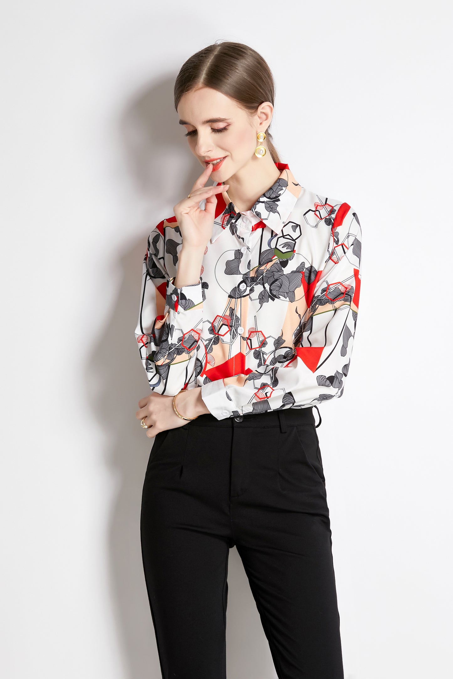 ESY-Women's Shirt Floral Print Long Sleeve Button Blouse