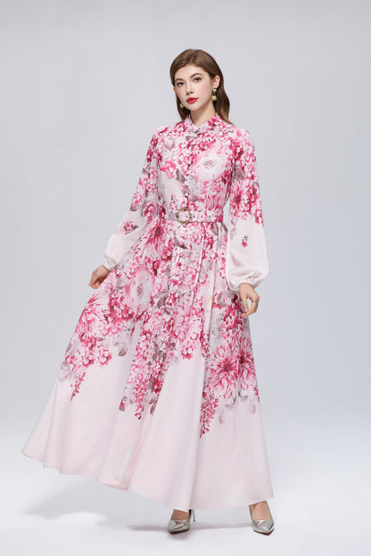 26-Women Floral Print Button Flowy Maxi Belt Dress