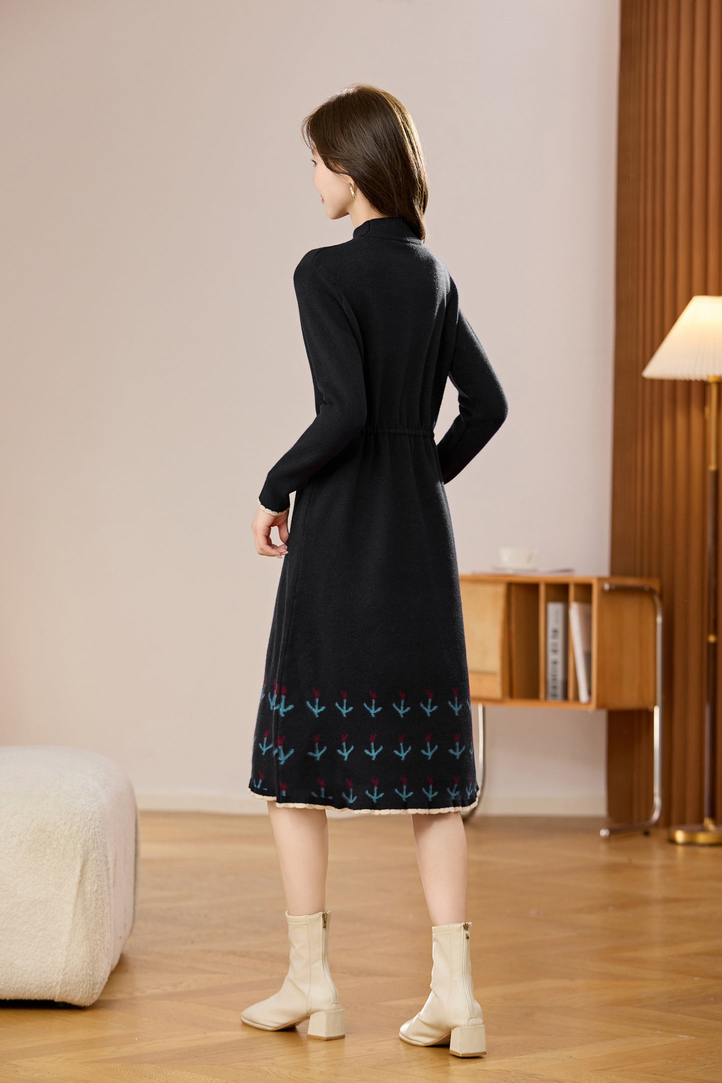 Women's Wool Sweater Drawstring Waist Print Knit Midi Dress