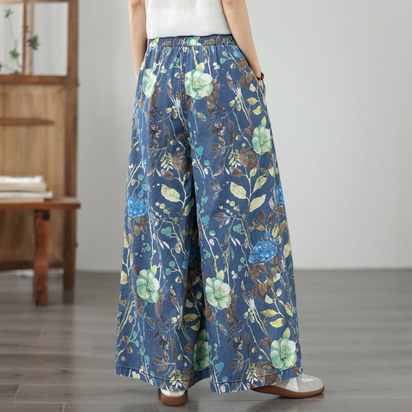 Women's Wide Leg Jeans Baggy Floral Wasited Elastic Pants - LAI MENG FIVE CATS