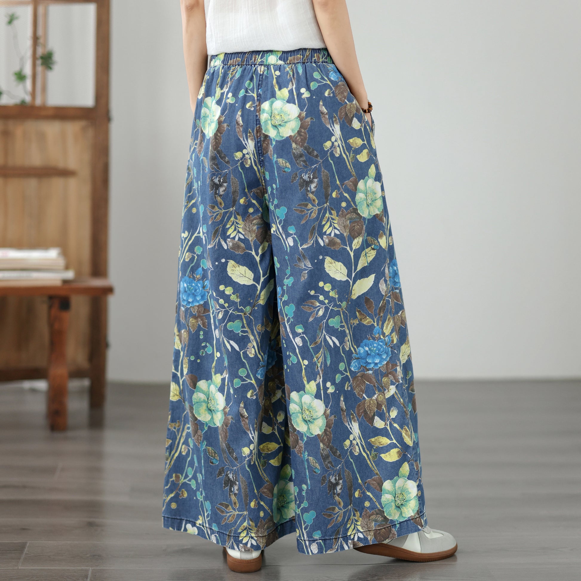 Women's Wide Leg Jeans Baggy Floral Wasited Elastic Pants - LAI MENG FIVE CATS