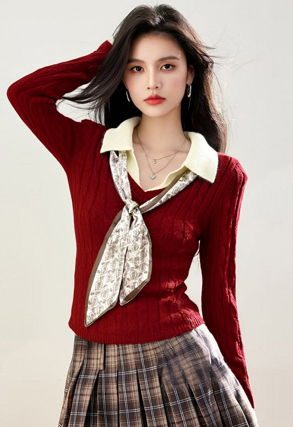 Preppy Color-Block Cable Knit Top with Contrast Collar & Tie Neck