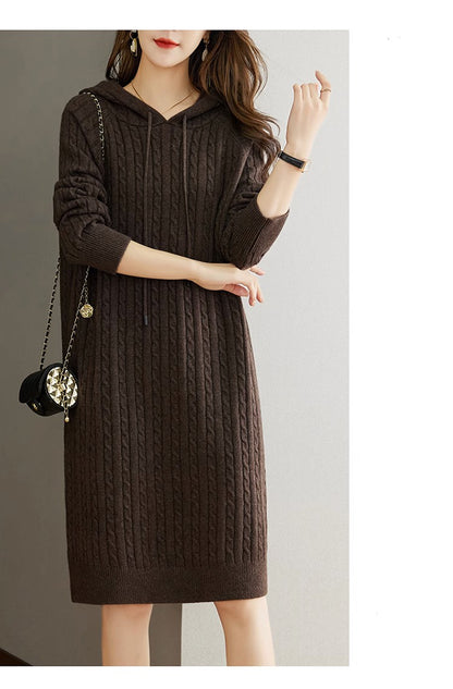 Women's Cable Knit Sweater Hoodie Midi Dress