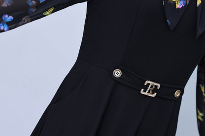 Women's Elegant Tie Neck Long Sleeve Black Dress