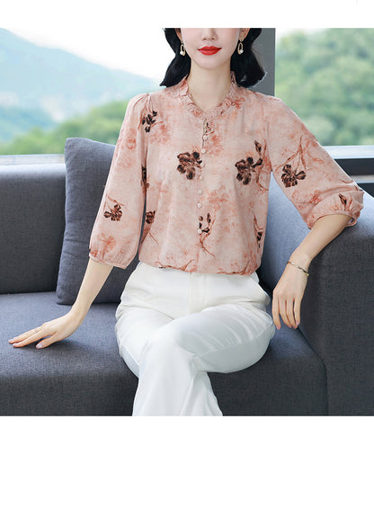 Women's Floral Print Ruffle Button Loose Blouses Top