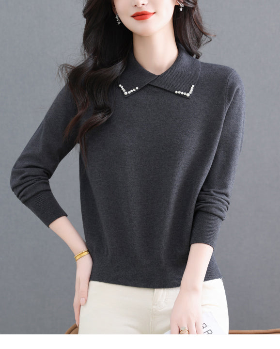 Women's Long Sleeve Sweater Lapel Collar Pullover Tops - LAI MENG FIVE CATS
