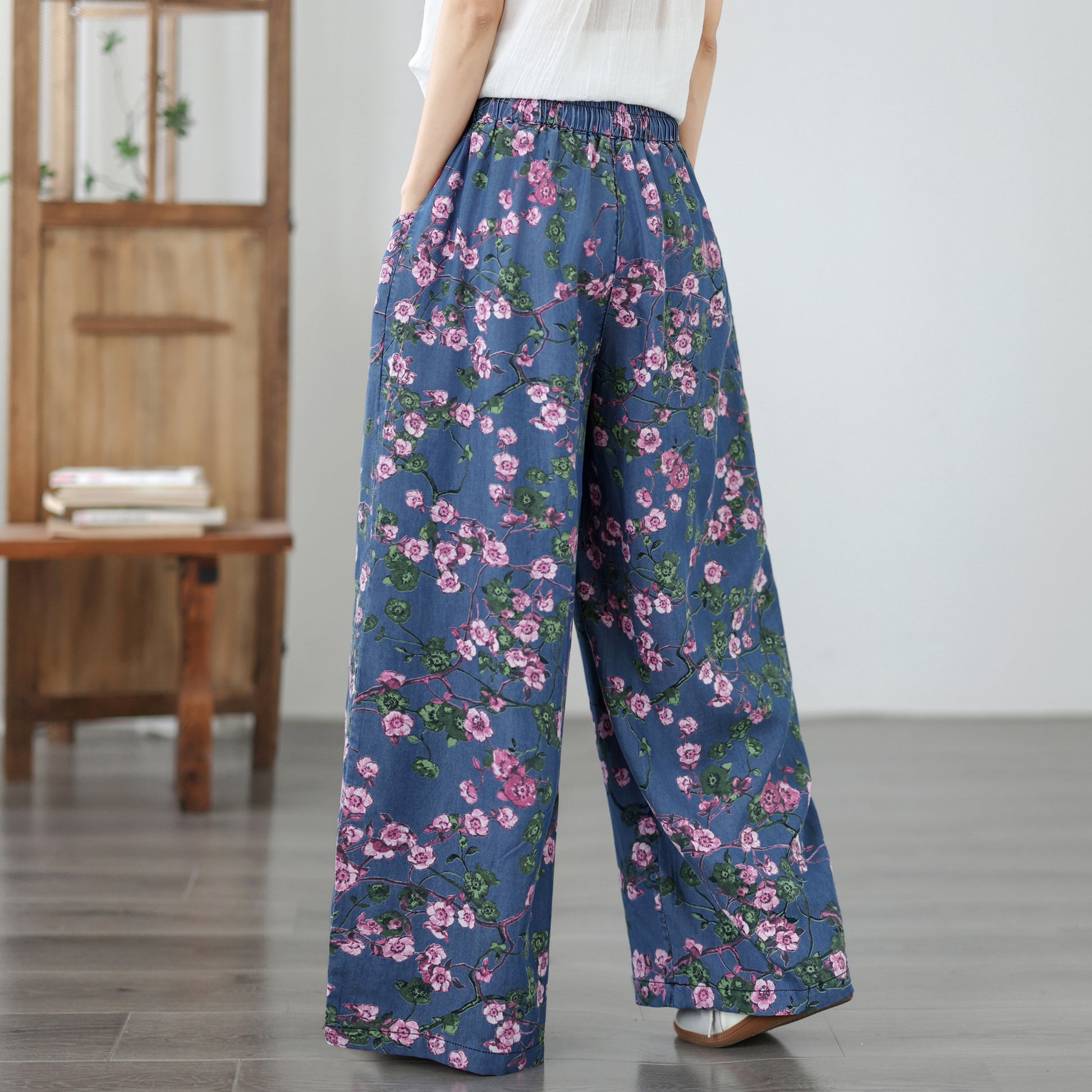 Women's Wide Leg Jeans Lightweight Wasited Elastic Print Y2K Pants - LAI MENG FIVE CATS