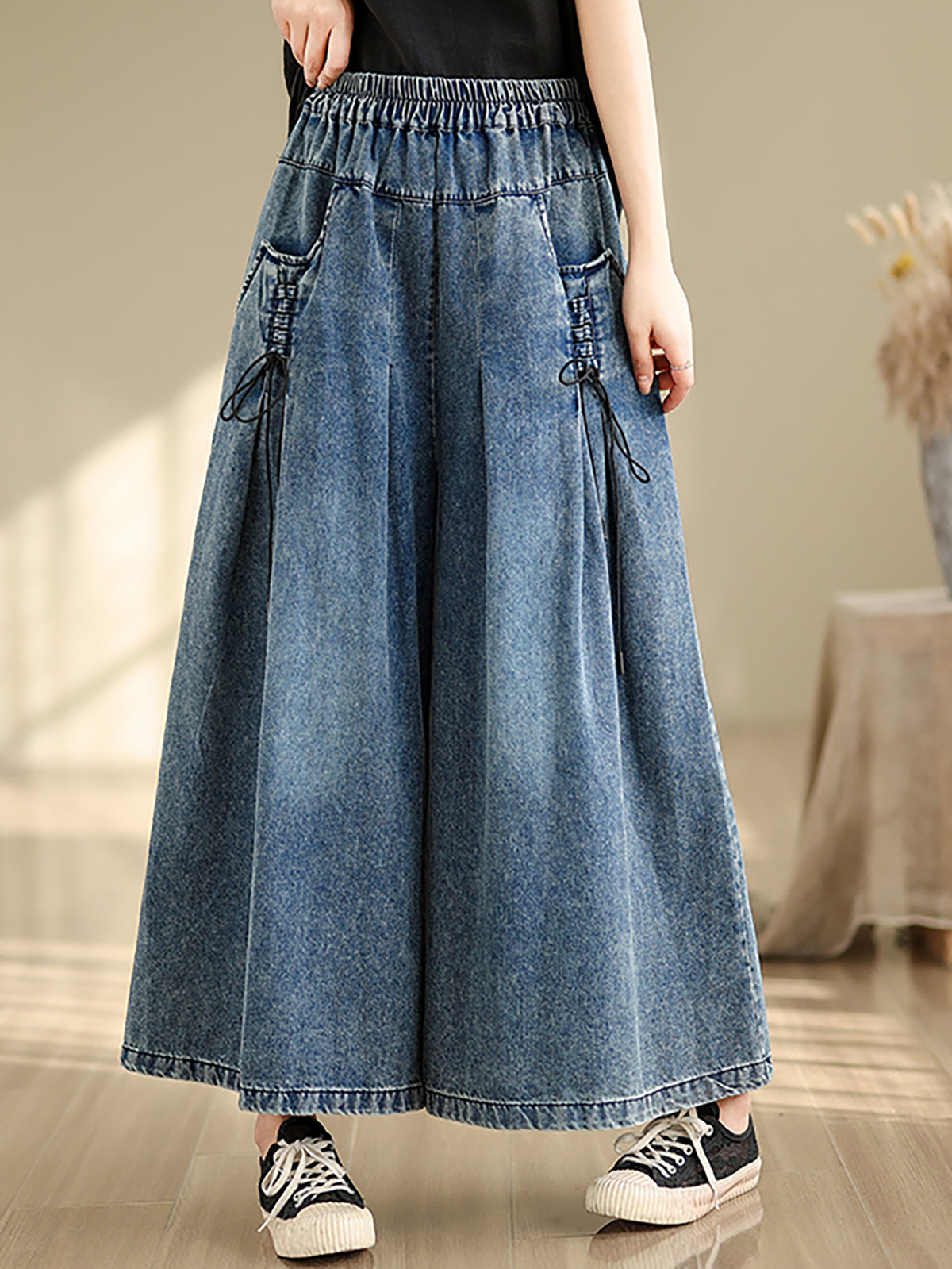 26266 Wide-Leg Denim Jeans with Elastic Waist & Drawstring