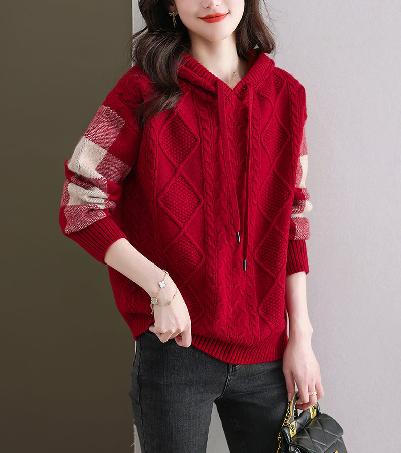 Women's Hoodies Plaid Ribbed Sweater Knit Tops