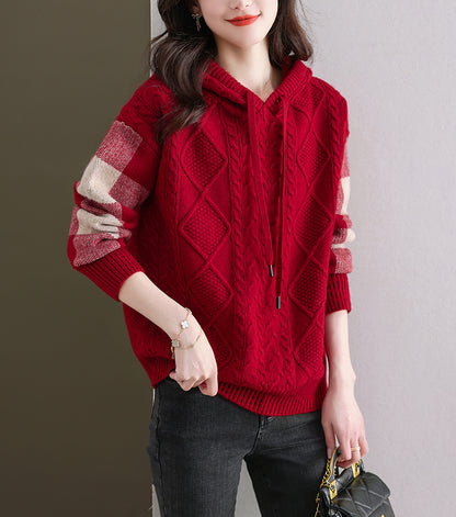 Women's Hoodies Plaid Ribbed Sweater Knit Tops