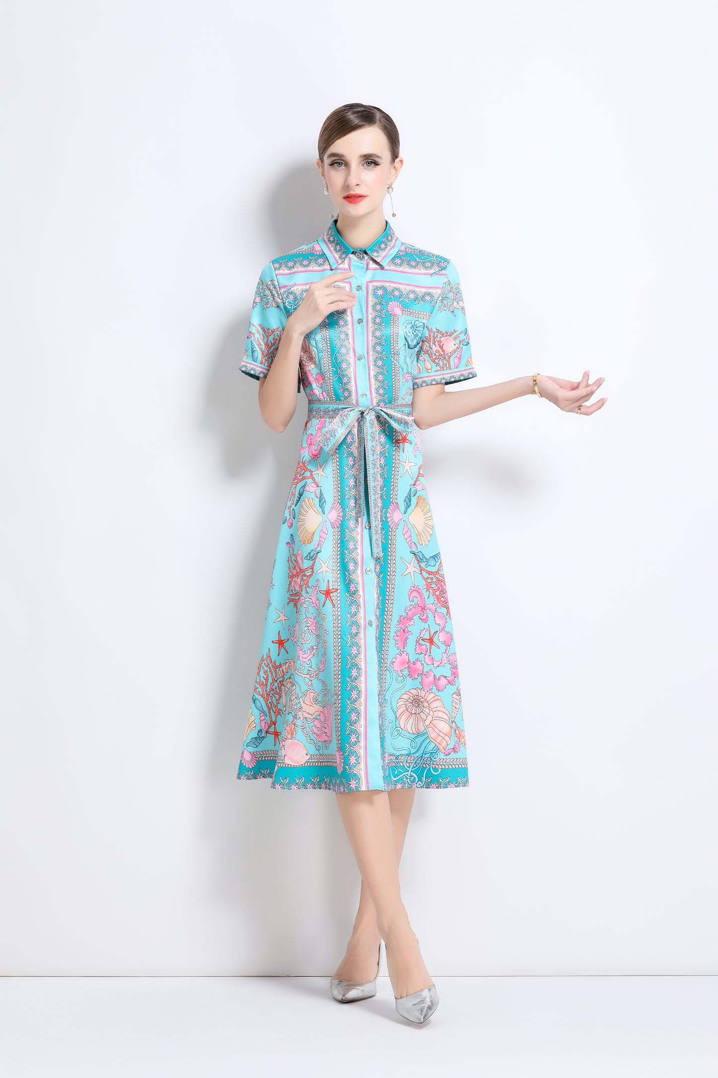 Women's Short Sleeve Button Floral Print  Midi Dress
