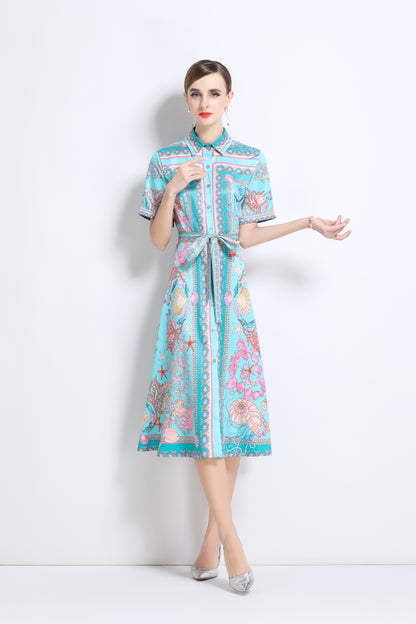Women's Short Sleeve Button Floral Print  Midi Dress