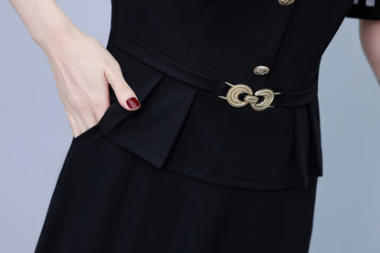 Women's Lapel V-Neck Pocket Short Sleeve Midi Dress - LAI MENG FIVE CATS