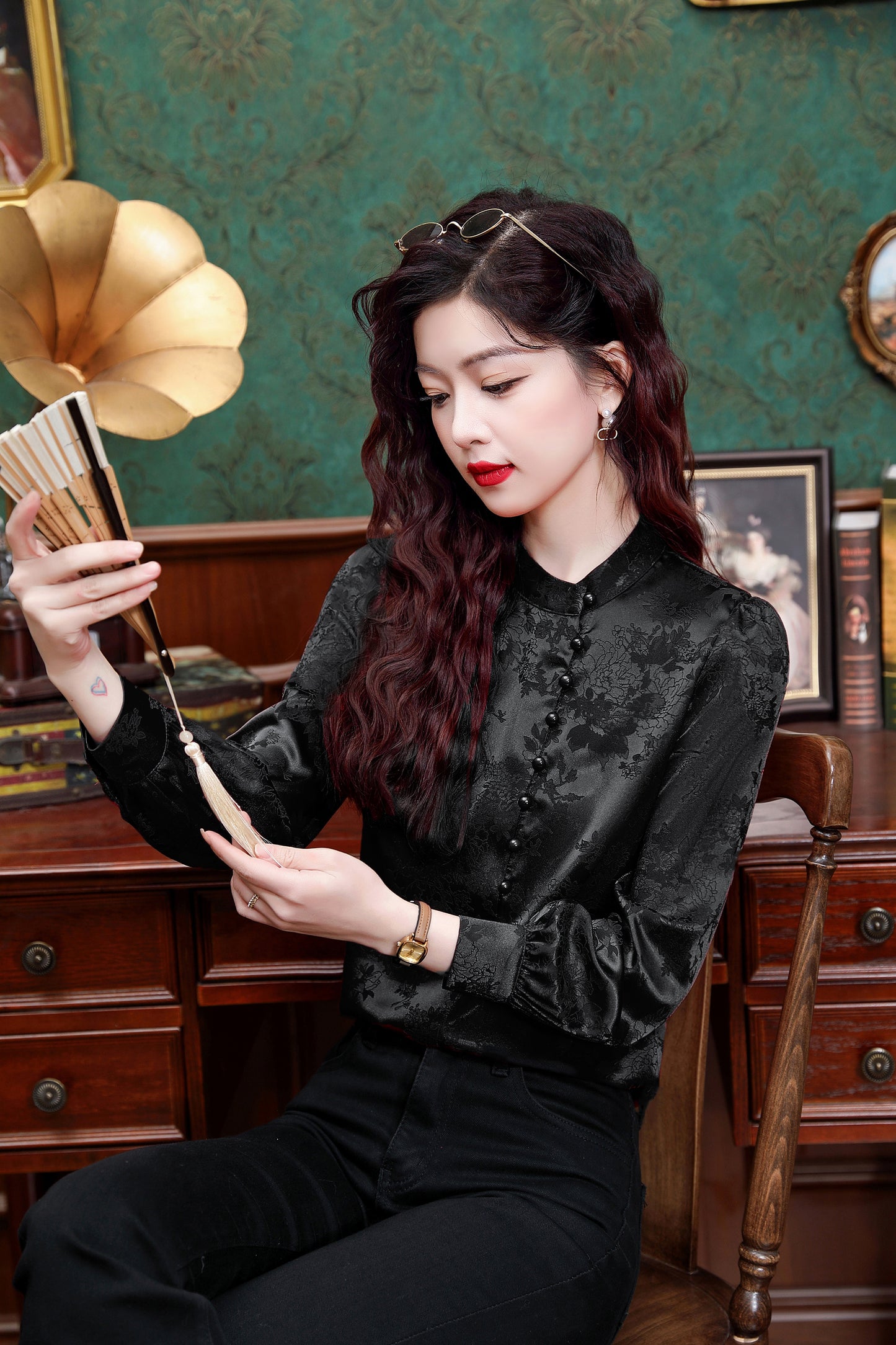 Women's Silk Satin Jacquard Long Sleeve Blouses