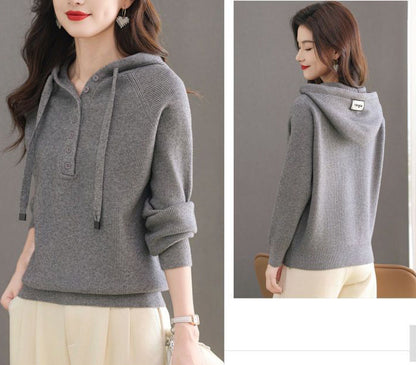 Women's Hoodie Sweater Drawstring Knit Sweatshirt