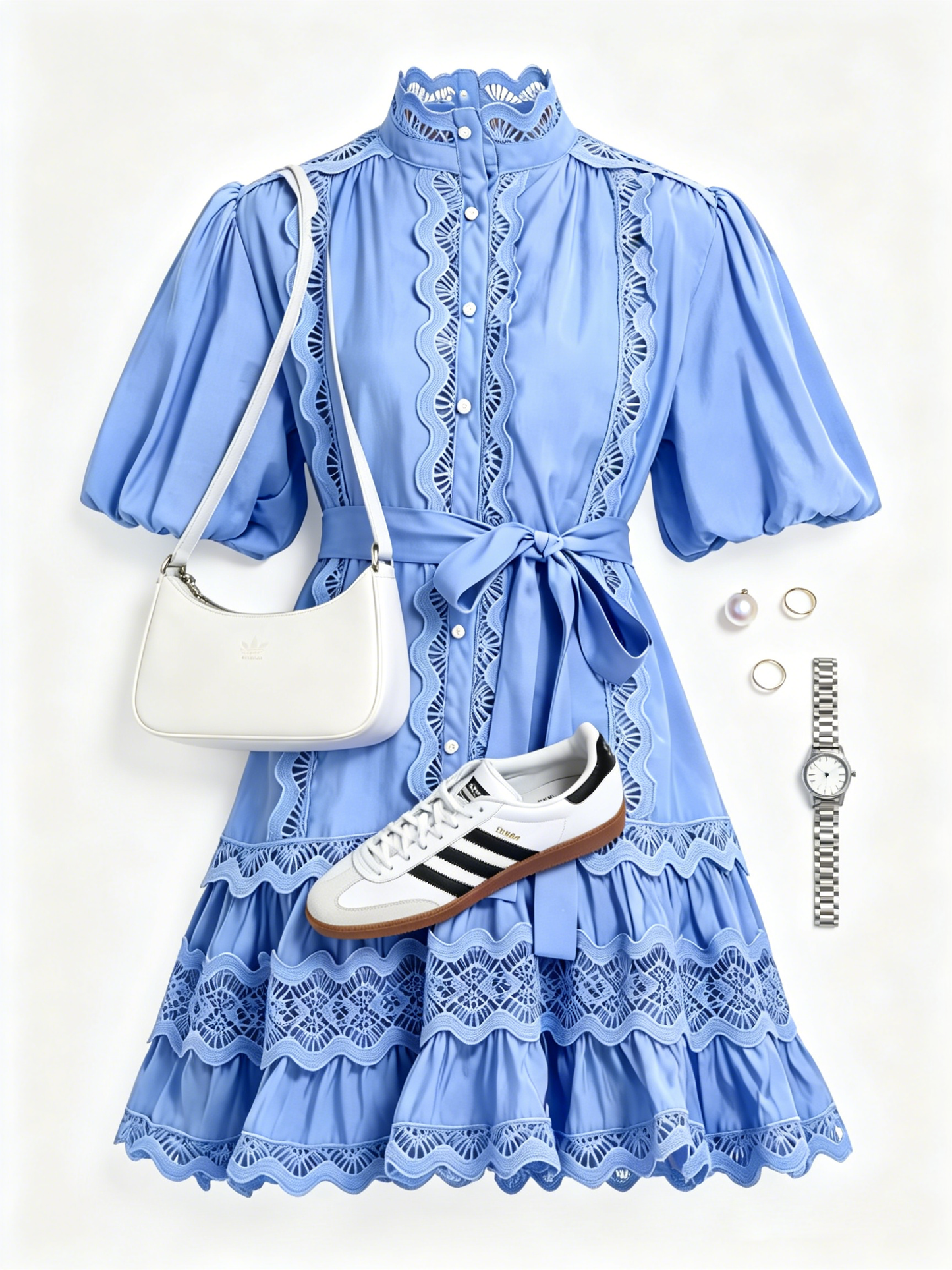 Women’s Blue Lace Trim Mini Dress – Romantic European Summer Resort Style