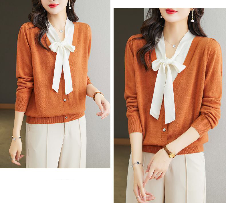 Women's Color Block Tie Neck Knit Top Sweater