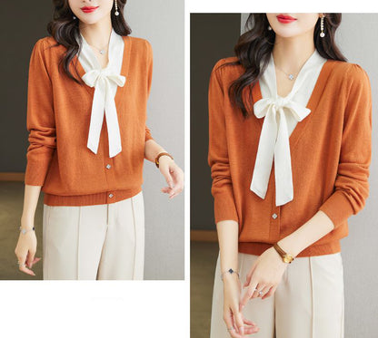 Women's Color Block Tie Neck Knit Top Sweater