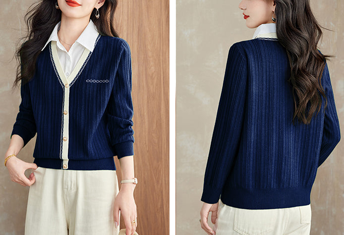 Women's Sweater 2 in 1 Lapel Ribbed Knit Pullover Top