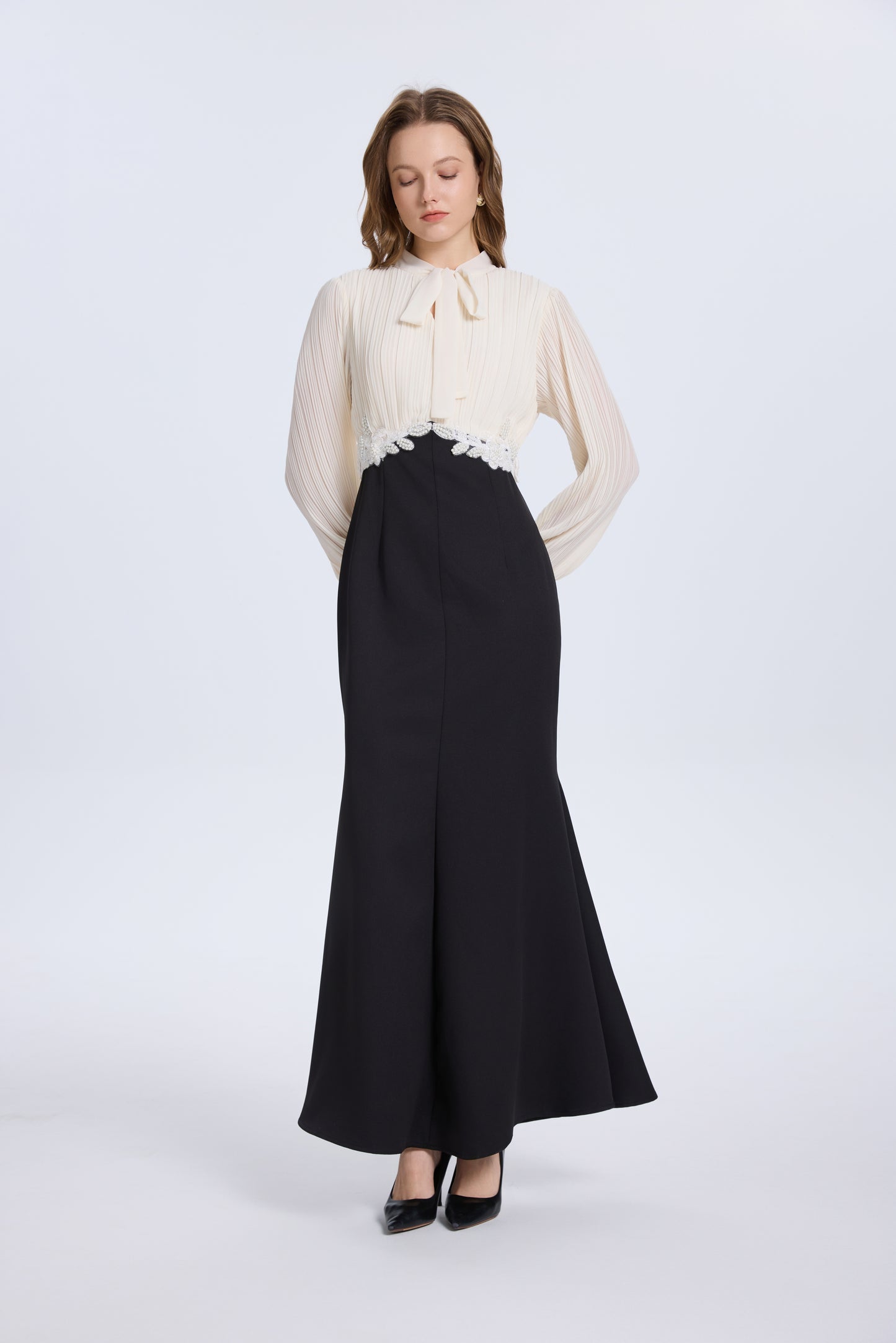 Women's Tie Neck Pleated Shirts Bodycon Fishtail Dress - LAI MENG FIVE CATS