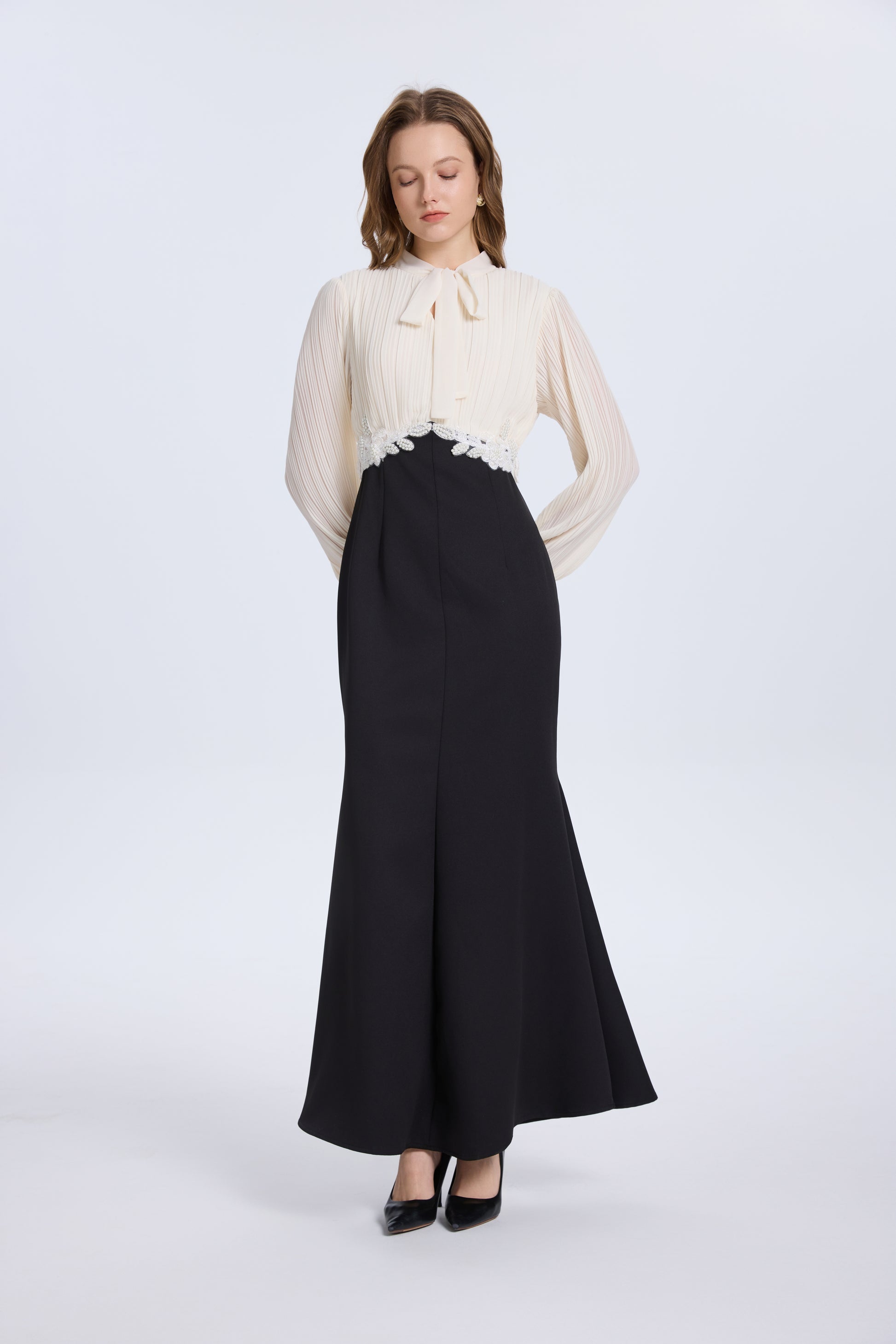 Women's Tie Neck Pleated Shirts Bodycon Fishtail Dress - LAI MENG FIVE CATS