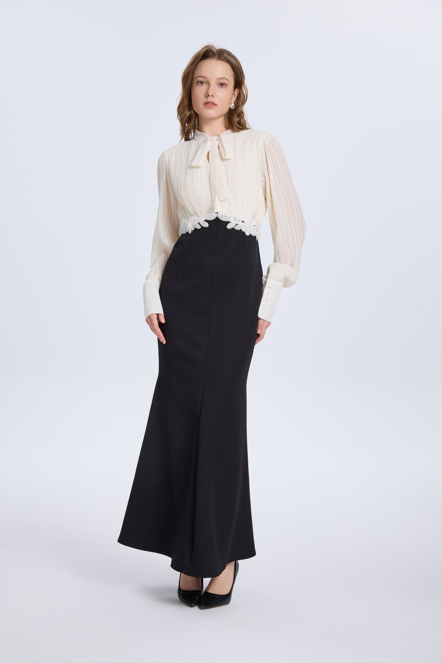 Women's Tie Neck Pleated Shirts Bodycon Fishtail Dress - LAI MENG FIVE CATS