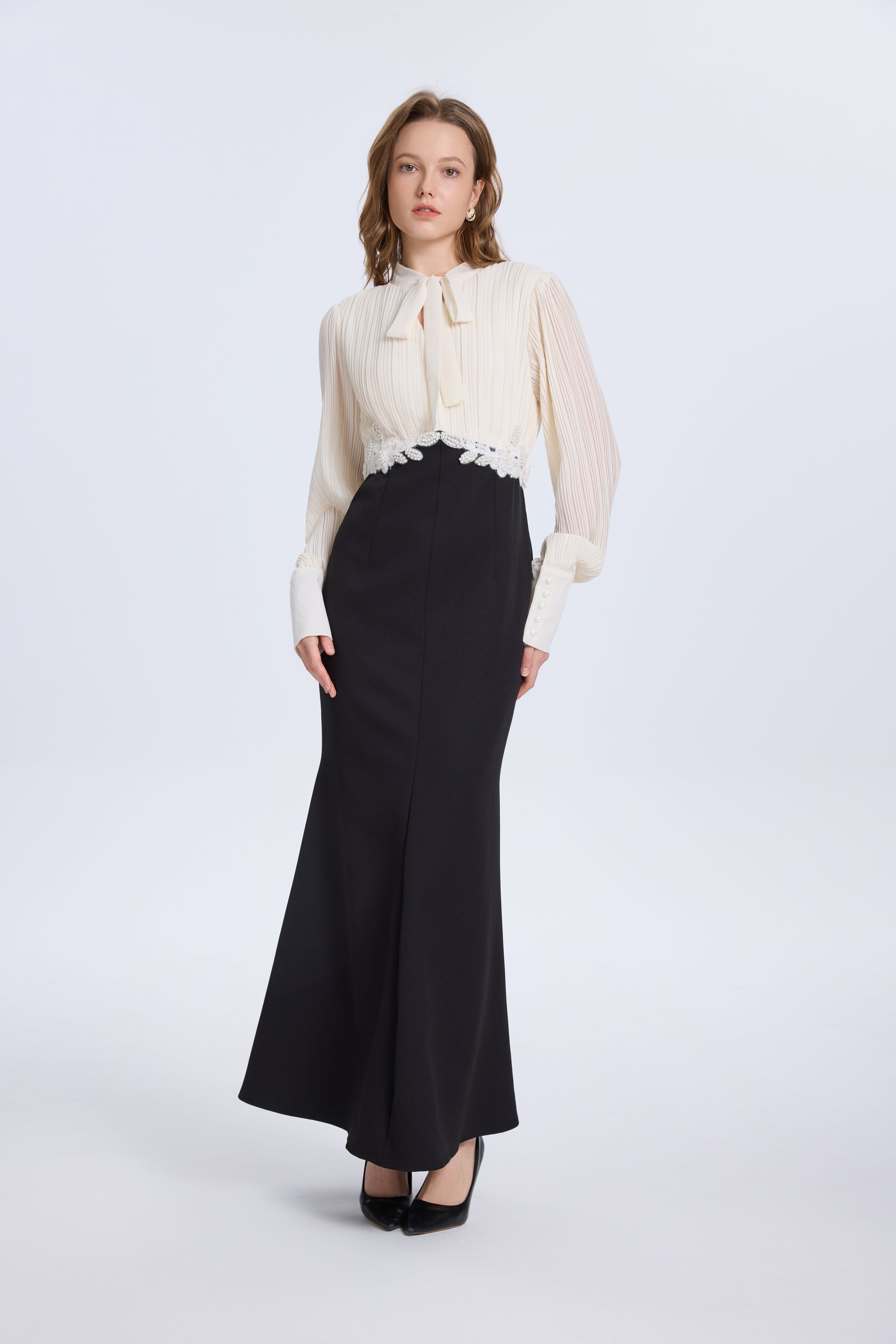 Women's Tie Neck Pleated Shirts Bodycon Fishtail Dress - LAI MENG FIVE CATS
