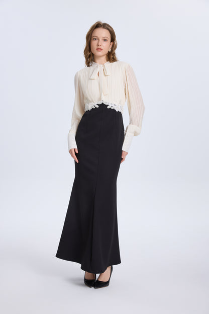 Women's Tie Neck Pleated Shirts Bodycon Fishtail Dress - LAI MENG FIVE CATS