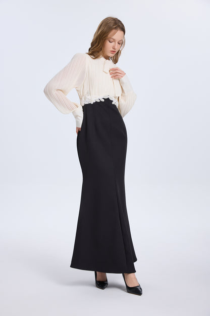 Women's Tie Neck Pleated Shirts Bodycon Fishtail Dress - LAI MENG FIVE CATS