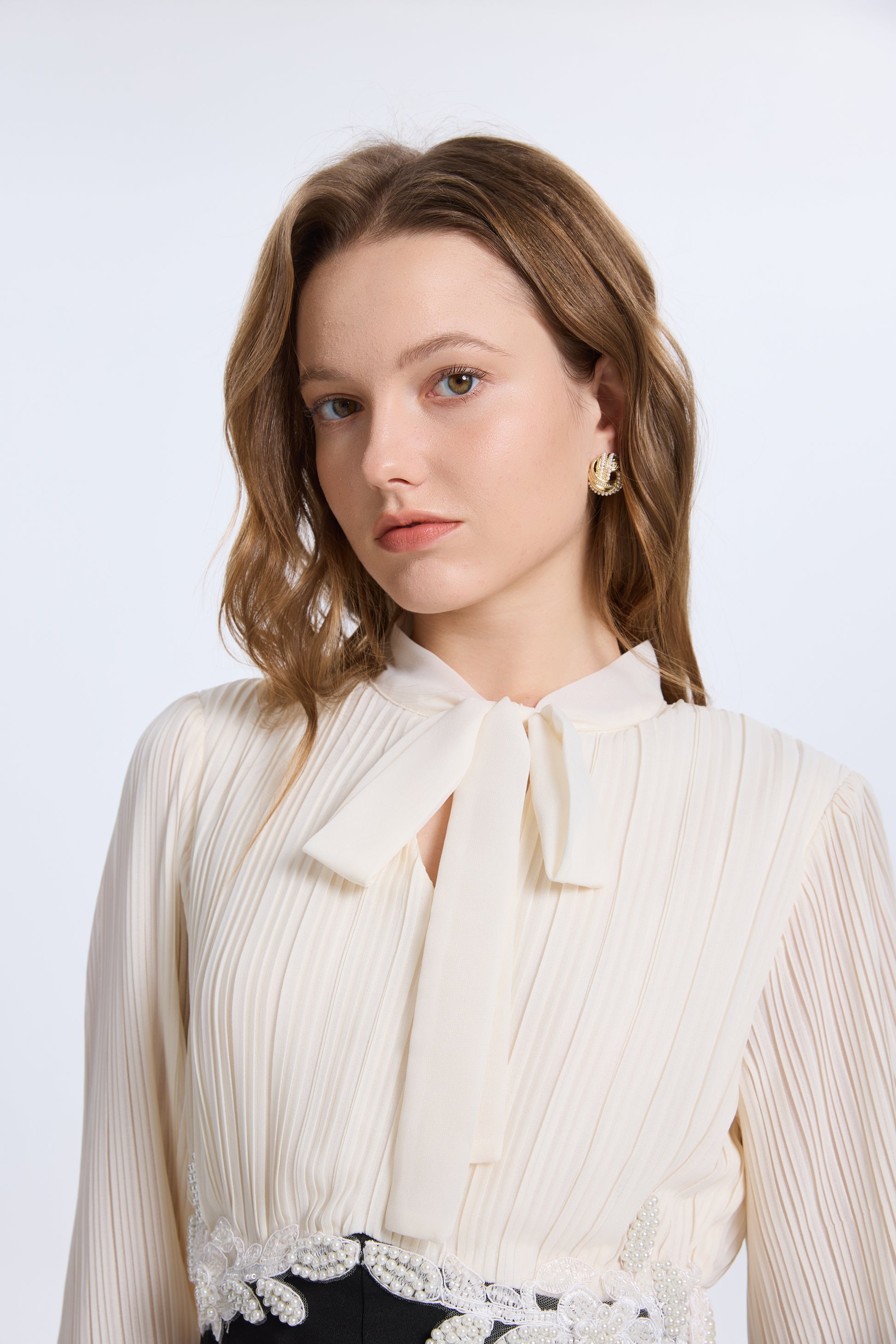 Women's Tie Neck Pleated Shirts Bodycon Fishtail Dress - LAI MENG FIVE CATS