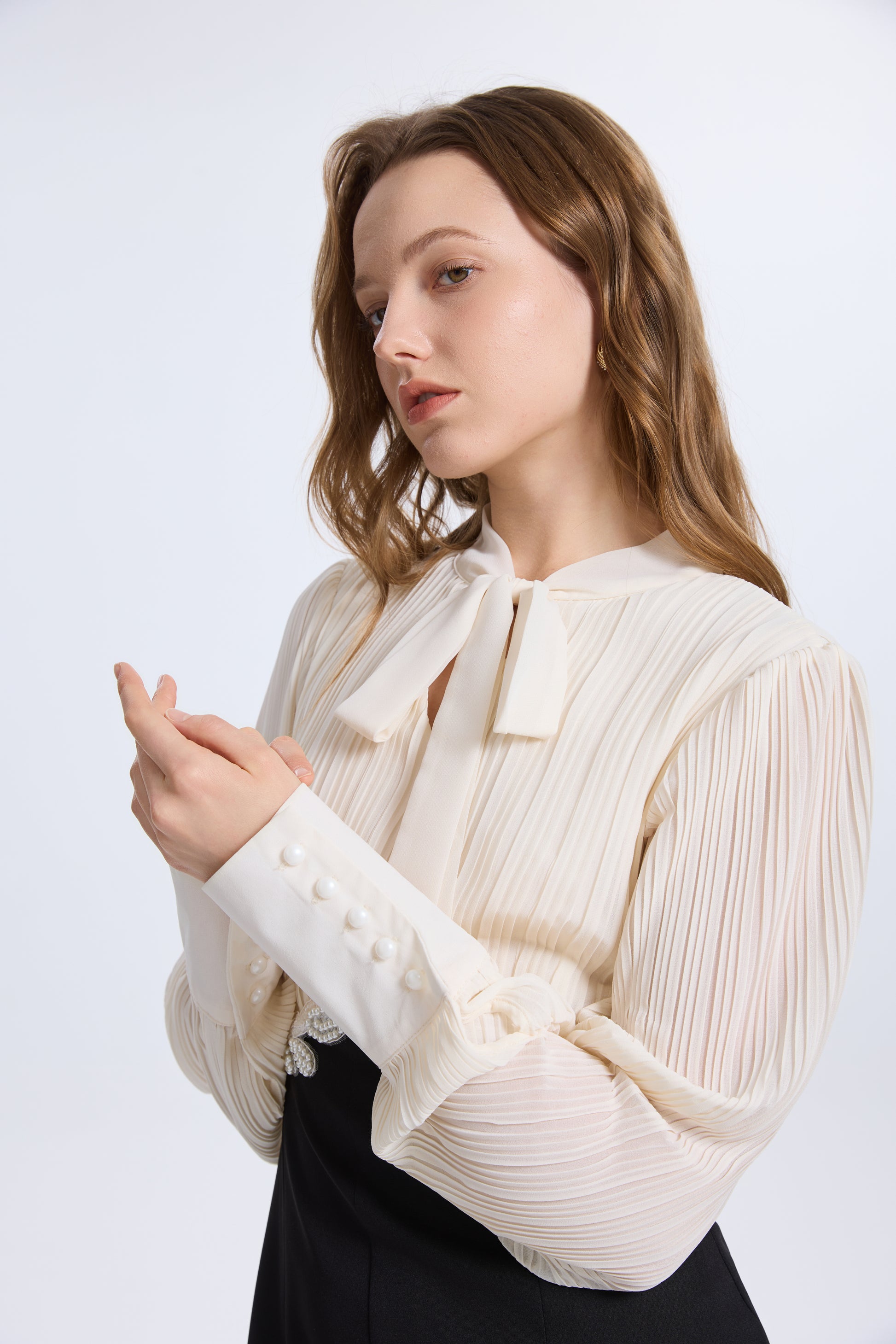 Women's Tie Neck Pleated Shirts Bodycon Fishtail Dress - LAI MENG FIVE CATS
